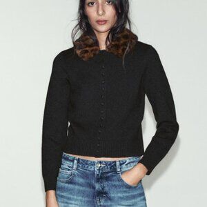 ZARA | Leopard Fur Collar Black Cardigan - L
